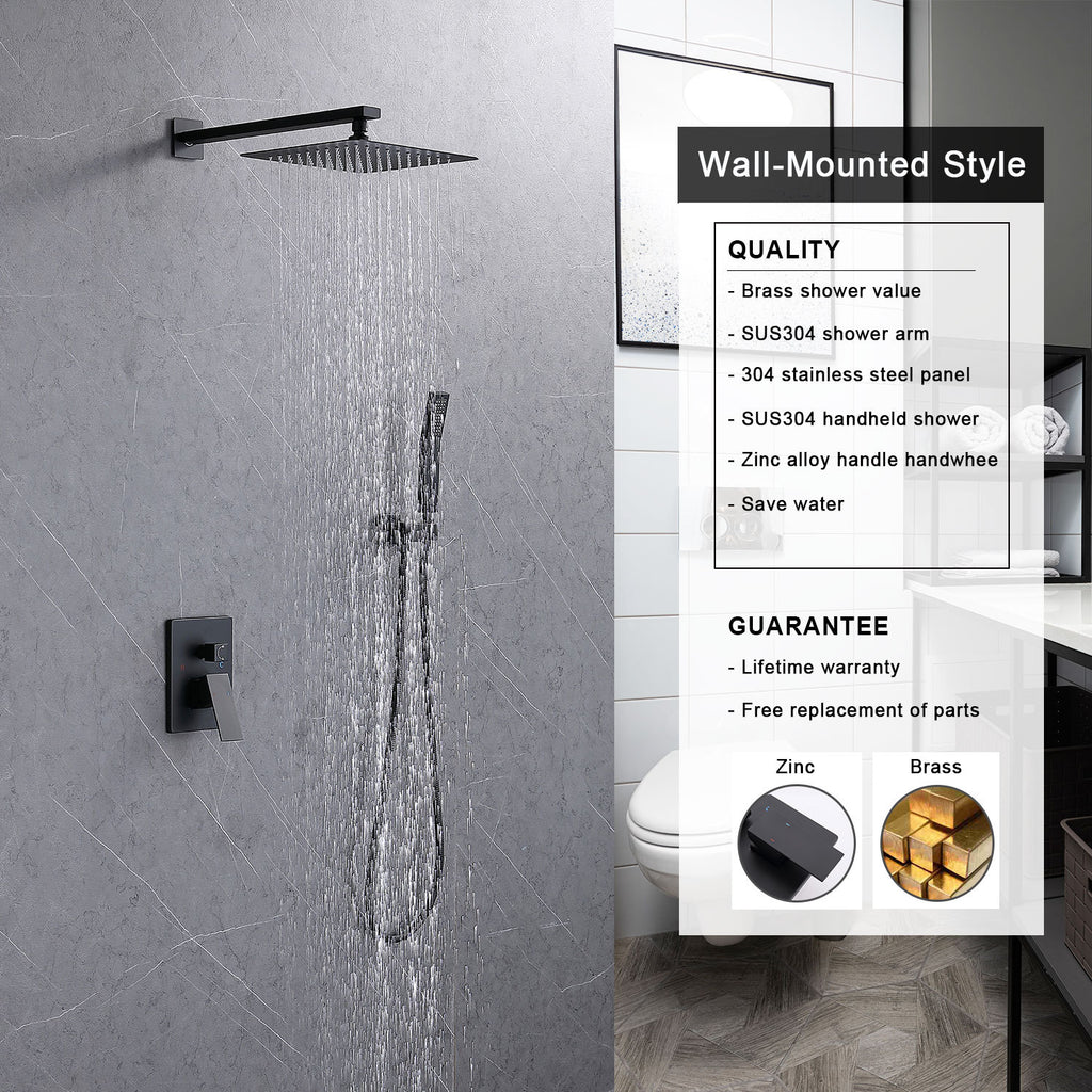 Shower System Shower Faucet Combo Set Wall Mounted With 10  Rainfall Shower Head And Handheld Shower Faucet  Matte Black Finish With Brass Valve Rough In